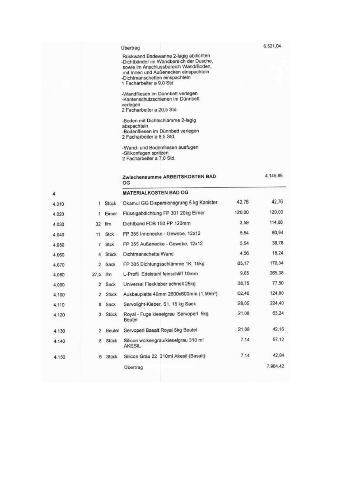 Kostenaufstellung Bad OG: Material- und Arbeitskosten mit Positionen, Mengen und Preisen