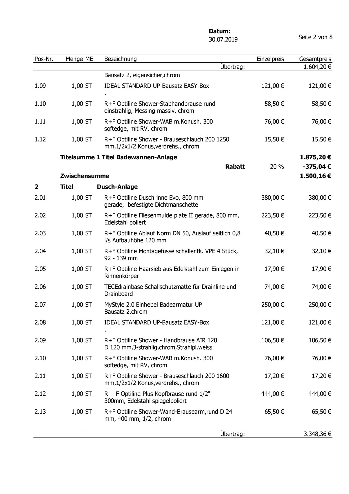 Preisliste/Rechnung mit Bad-Armaturen: Mengen, Bezeichnungen und Preise pro Position (Einzel/gesamt).