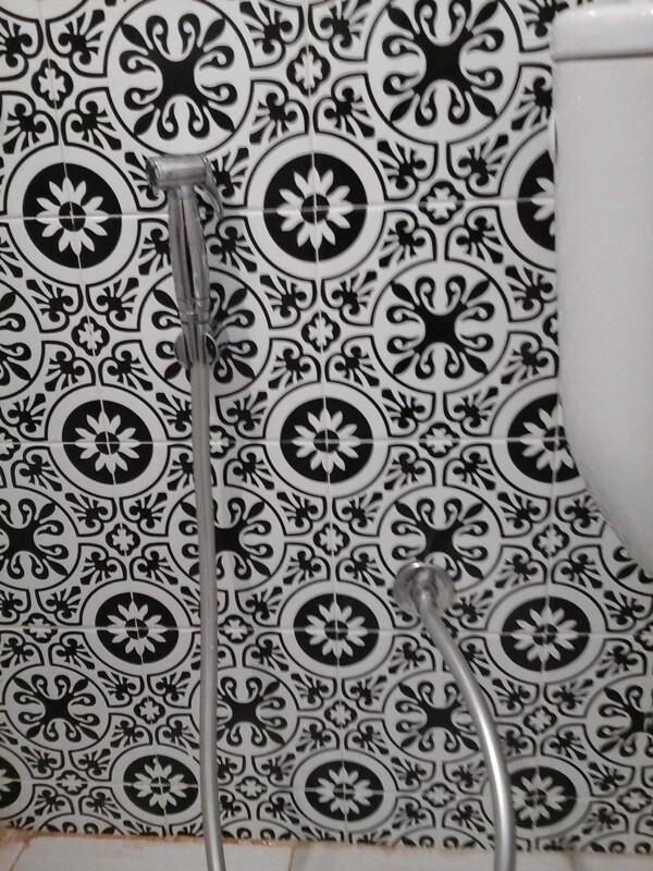 Badezimmer mit schwarz-weißen Ornamentfliesen, Duschbrause und WC-Armaturen.