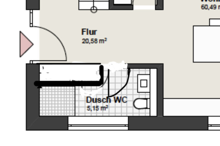 Grundriss eines Wohnungsflurs mit Dusch-WC (Flur 20,58 m²; Dusch-WC 5,15 m²).
