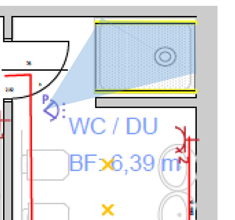 Grundriss eines Badezimmers mit WC/DU, Dusche und Tür, ca. 6,39 m².