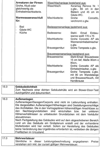Dokument mit Armaturen, Bad- und Sanitärinstallationen sowie Bauinformationen