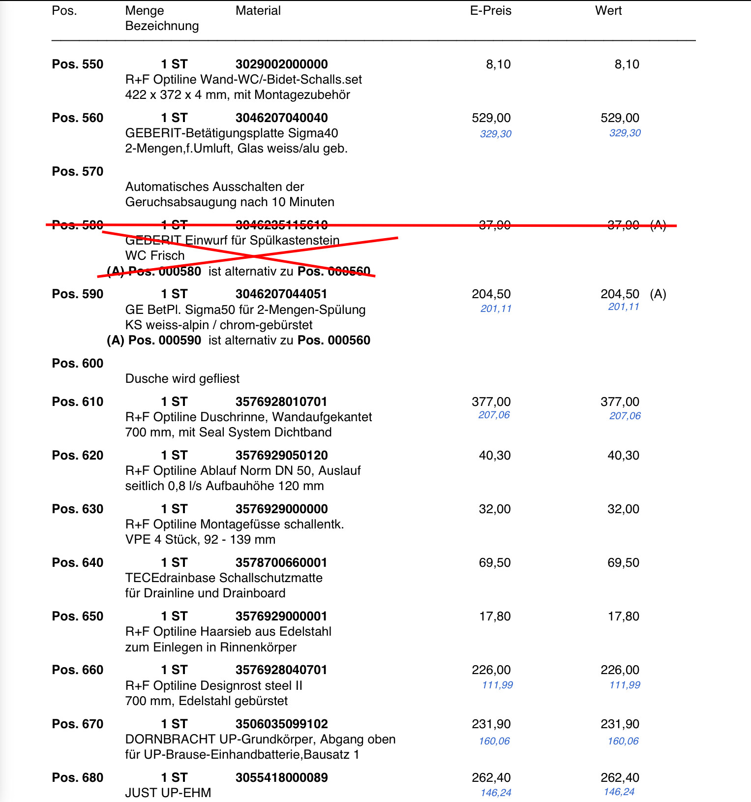 Tabellarische Preisliste mit Positionsnummern, Bezeichnungen und Preisen; rote Linie markiert.