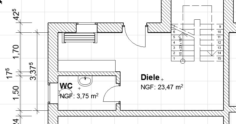 Grundriss eines Wohnungsplans: Diele 23,47 m² und WC 3,75 m², Treppen.