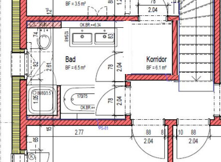 2D Grundriss Badezimmer mit Badewanne, Waschbecken, Toilette und Flur.