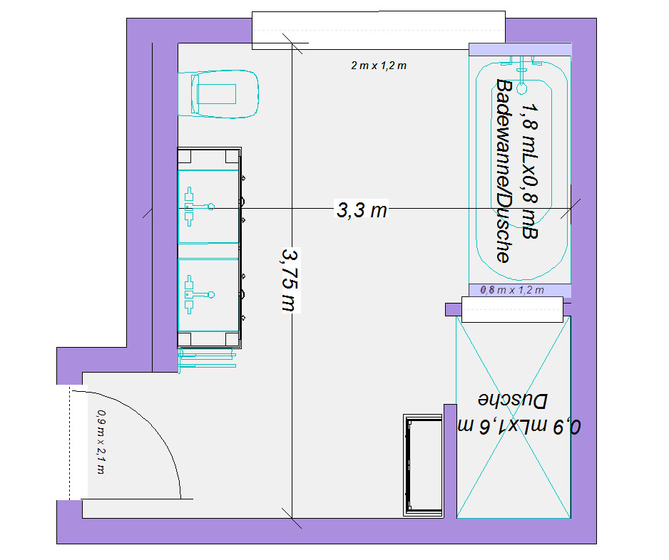 2D Badezimmer-Grundriss mit Badewanne und Dusche und Sanitäranlagen