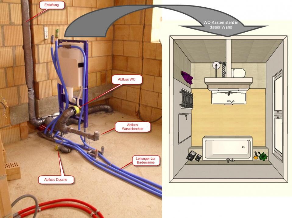 Rohinstallation im Badezimmer mit sichtbaren Wasserleitungen und 3D-Badgrundriss