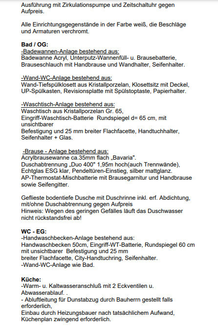 Übersichtliche Liste der Sanitäranlagen (Bad, WC, Dusche, Küche) mit Armaturen.