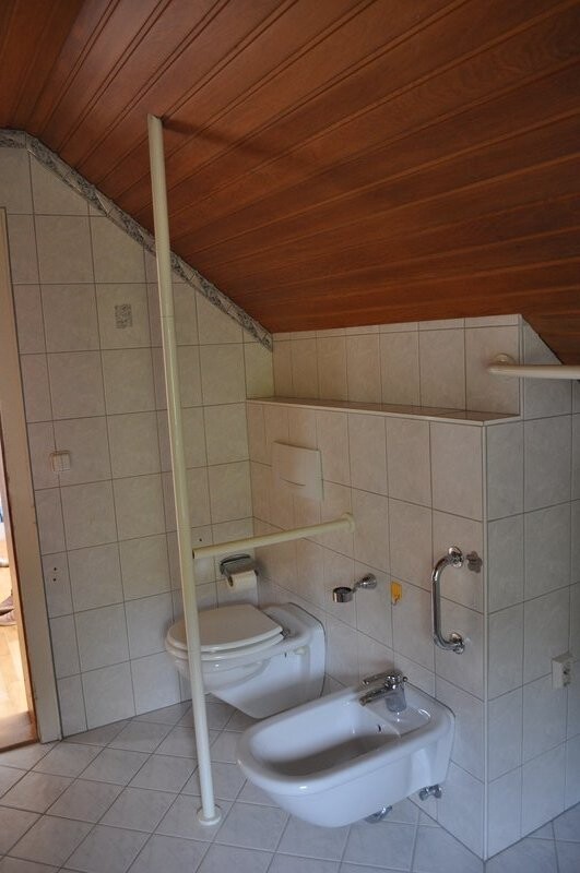 Badezimmer mit Toilette und Bidet, weiße Fliesen, Holzdecke, Haltegriffe