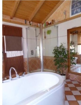Badezimmer mit Badewanne, Holzdecke, karierte Fliesen und Pflanze
