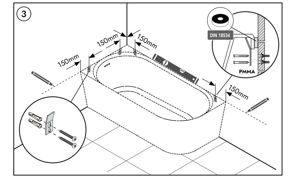 Technische Zeichnung einer Badewanne mit Montagesystem und Halterungen