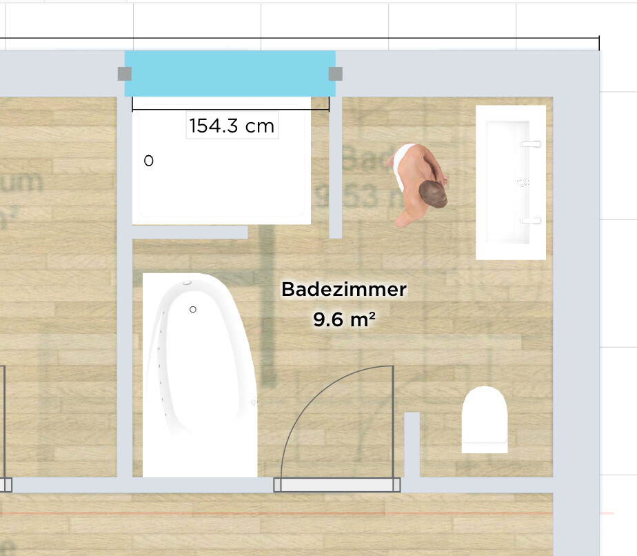 Grundriss Badezimmer: Badewanne links, Waschbecken rechts, Toilette unten rechts, Tür öffnet.