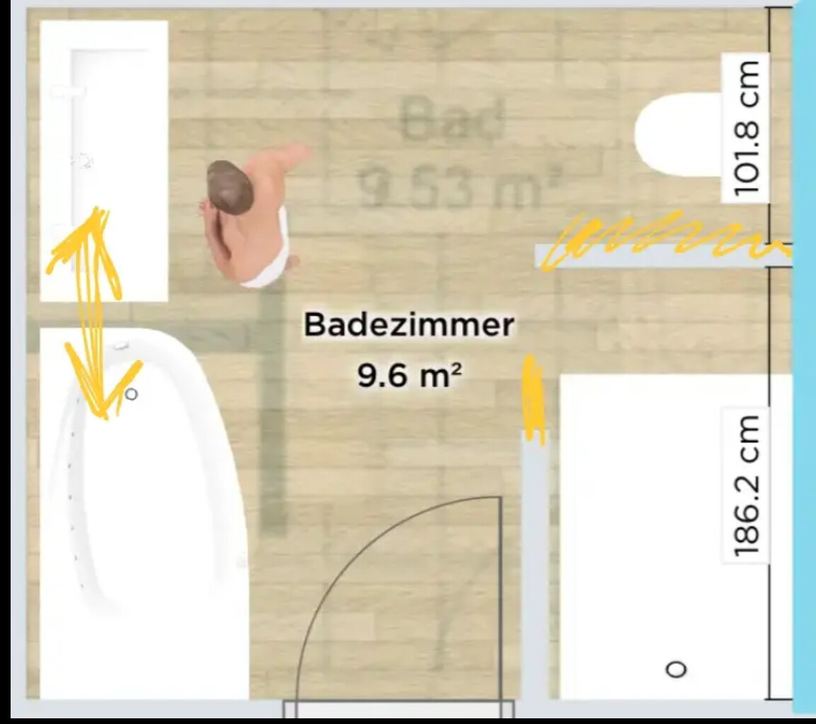 Badezimmer-Grundriss: Badewanne links, Toilette rechts, Person in Mitte, Fläche 9.6 m²