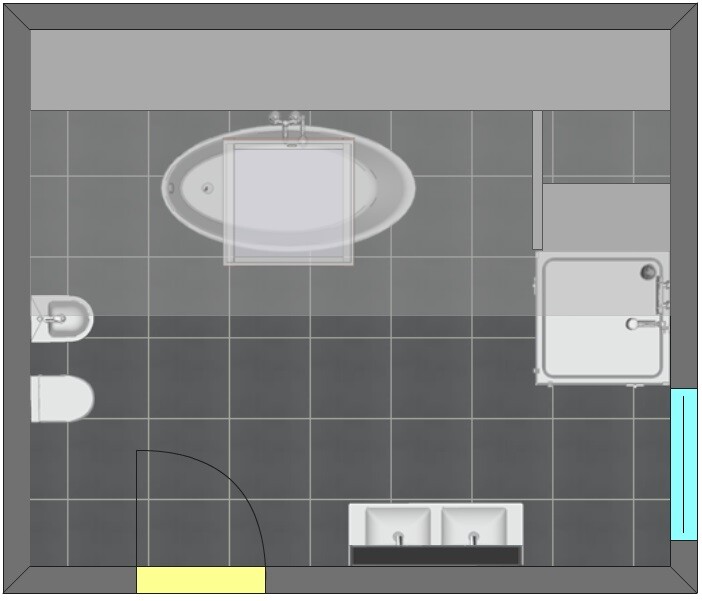 Grundriss eines Badezimmers: WC links, Doppelwaschbecken unten, Badewanne oben, Dusche rechts.