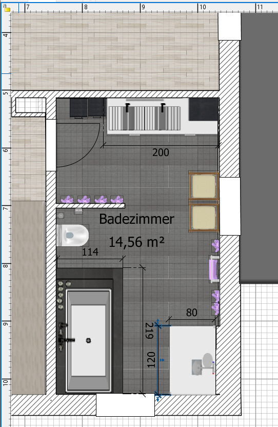 Grundriss eines Badezimmers mit Badewanne, Waschbecken und Toilette