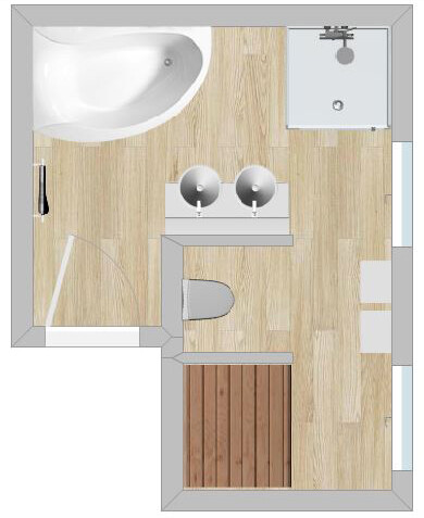 Grundriss Badezimmer mit Badewanne, Doppelwaschbecken und Toilette