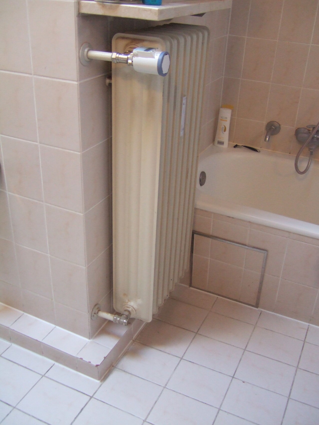 Vertikaler Heizkörper neben Badewanne in Fliesenbad, Armaturen sichtbar.