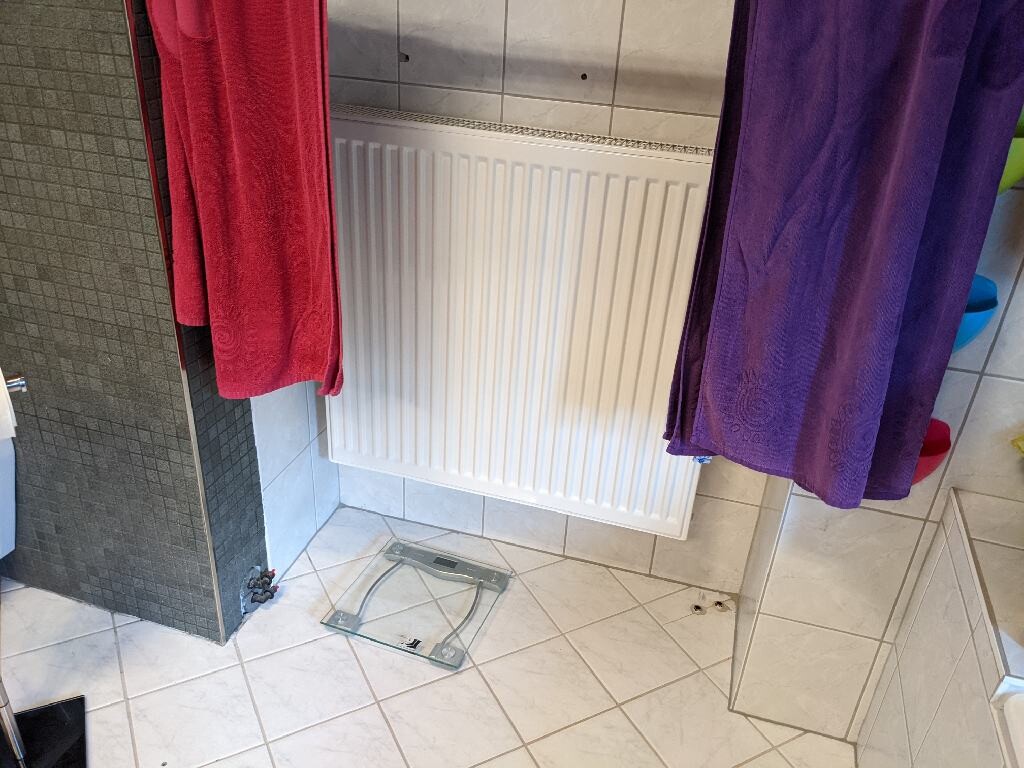Badezimmer: rote und lila Handtücher hängen vor Heizkörper, Glaswaage auf Fliesenboden