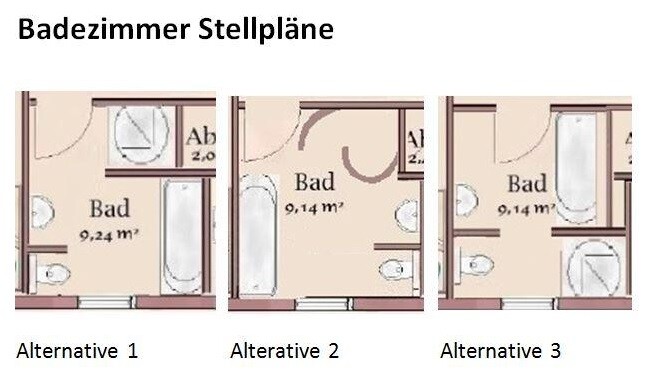 Drei Badezimmer-Layouts als Alternative 1–3 mit Dusche, WC und Badewanne.