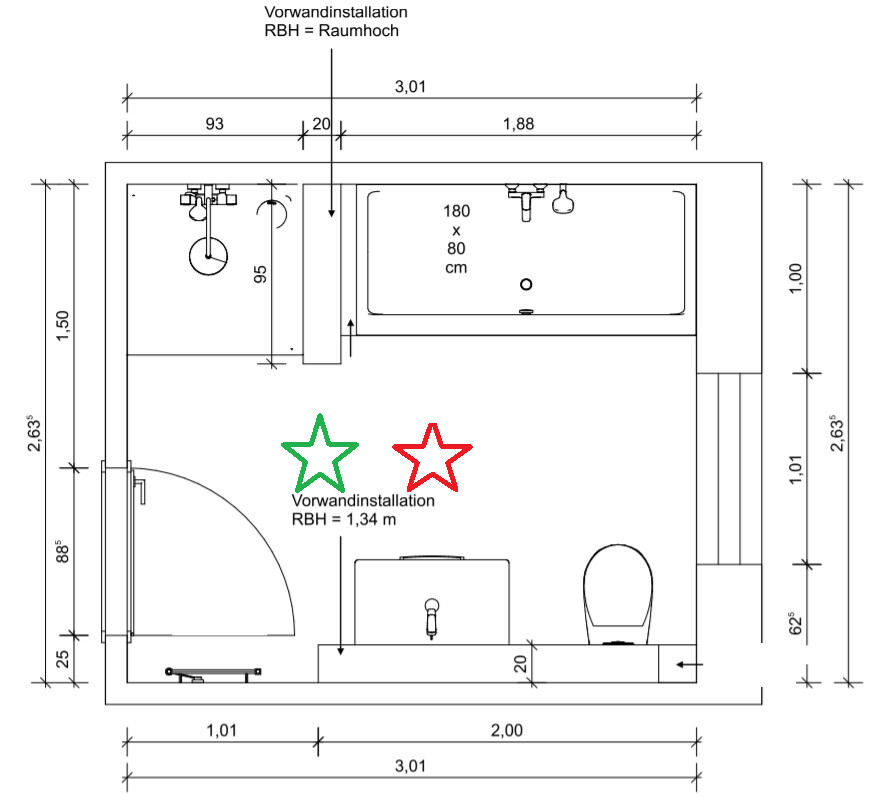 Grundriss eines Badezimmers mit Waschbecken, WC, Badewanne; Vorwandinstallationen markiert.