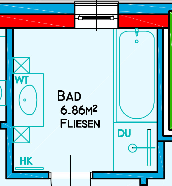 Grundriss eines Badezimmers, 6,86 m², Fliesen; Badewanne rechts, Dusche, WC links