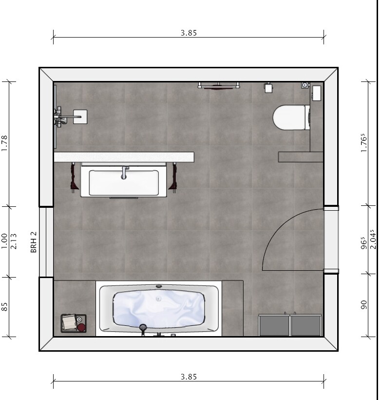 2D Bad Grundriss mit Badewanne, Waschbecken, Toilette und Tür