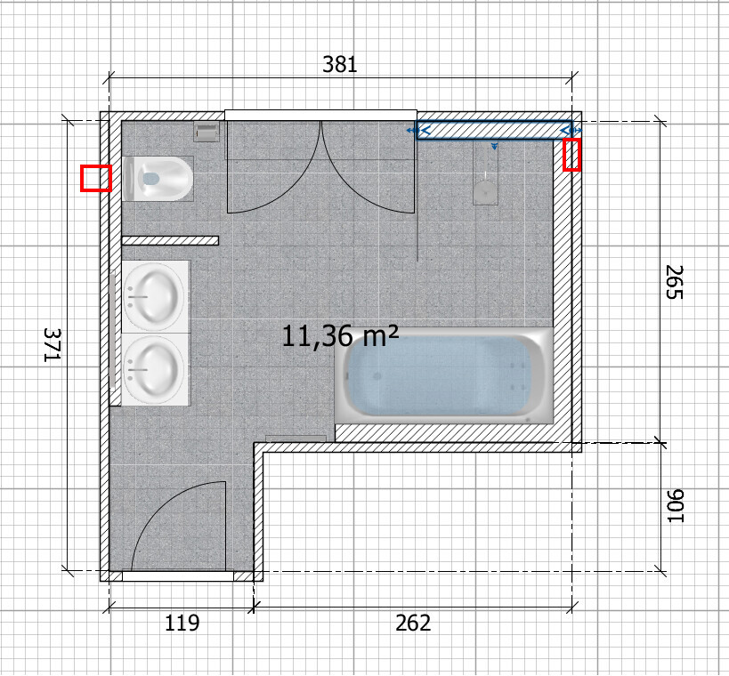2D Badezimmer Grundrissplan mit Badewanne, Doppelwaschbecken und Tür