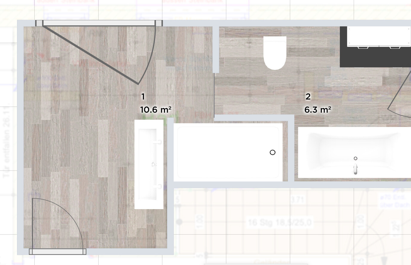 Grundriss: Zwei Badezimmer; links 10,6 m² mit Waschtisch, rechts 6,3 m² Toilette und Badewanne.