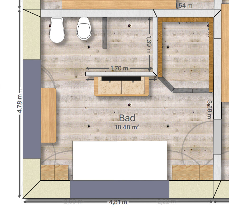Grundriss eines Badezimmers mit WC-Bereich, Dusche, Waschtisch und Badewanne, 18,48 m².