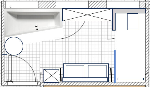 2D Grundriss eines Raums mit Badewanne, Türen und Sitzmöbeln