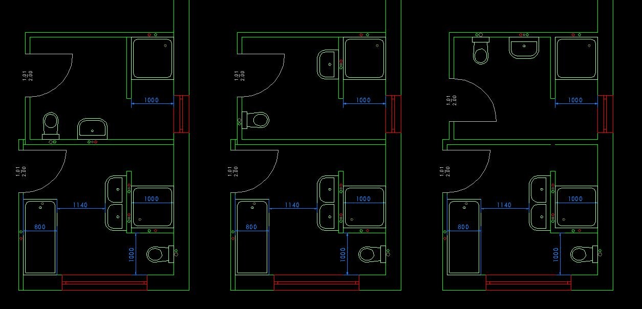 Drei Badezimmer-Grundrisse als Linienplan in Grün auf schwarzem Hintergrund.