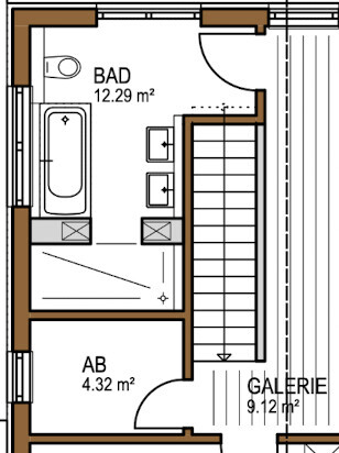 2D-Badgrundriss zeigt Badezimmer mit Badewanne, Sanitäranlagen und Treppenaufgang