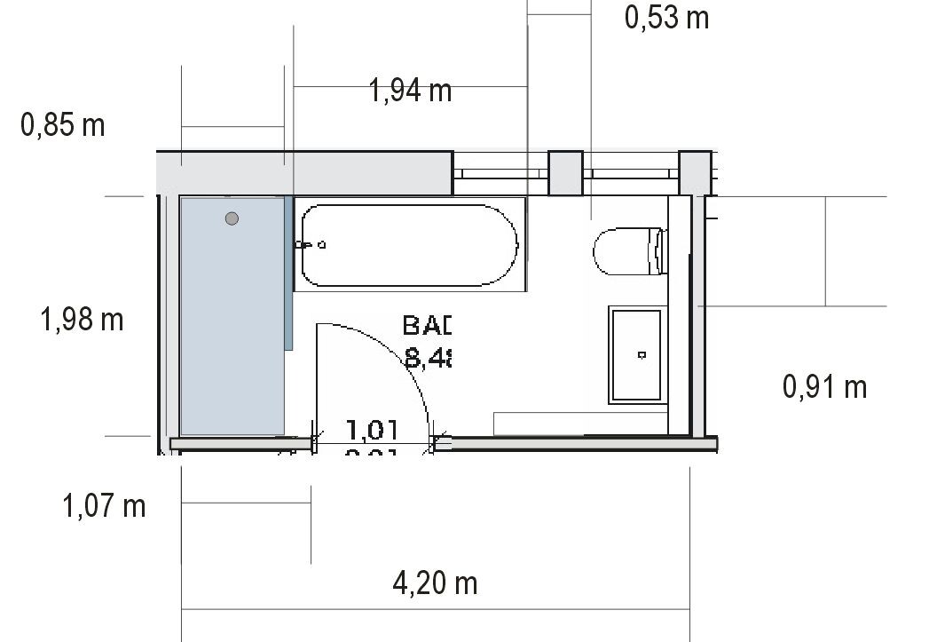 Grundriss eines Badezimmers mit Badewanne Toilette und Waschtisch