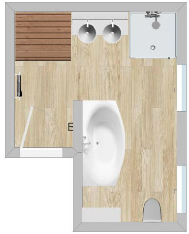Bad Grundriss mit Dusche, Badewanne, Doppelwaschbecken und Toilette.