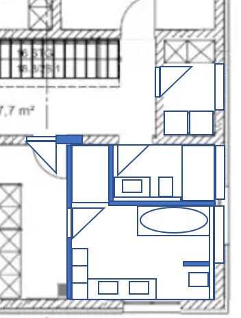 2D Badezimmer-Grundriss mit Badewanne, Waschbecken und Tür
