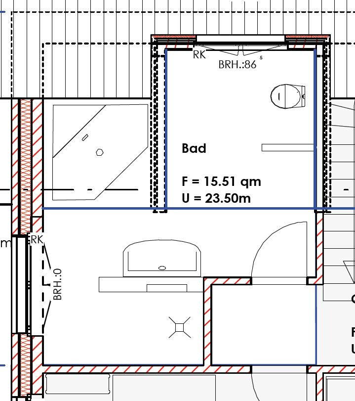 Grundriss eines Badezimmers mit Tür, Waschbecken und Badewanne