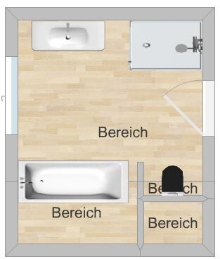 Top-down Badgrundriss mit Badewanne, Dusche, Waschbecken und Bereichsaufteilung.
