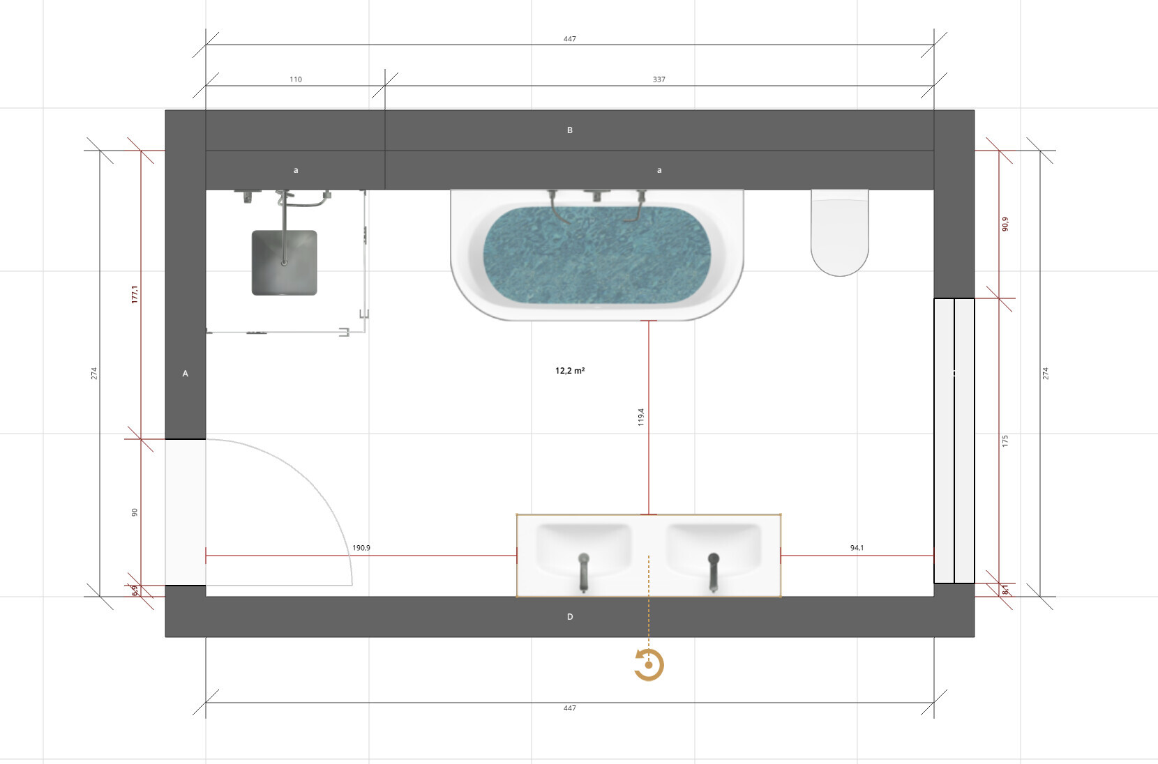 Grundriss eines Badezimmers mit Badewanne, Dusche, Doppelwaschbecken und Toilette.