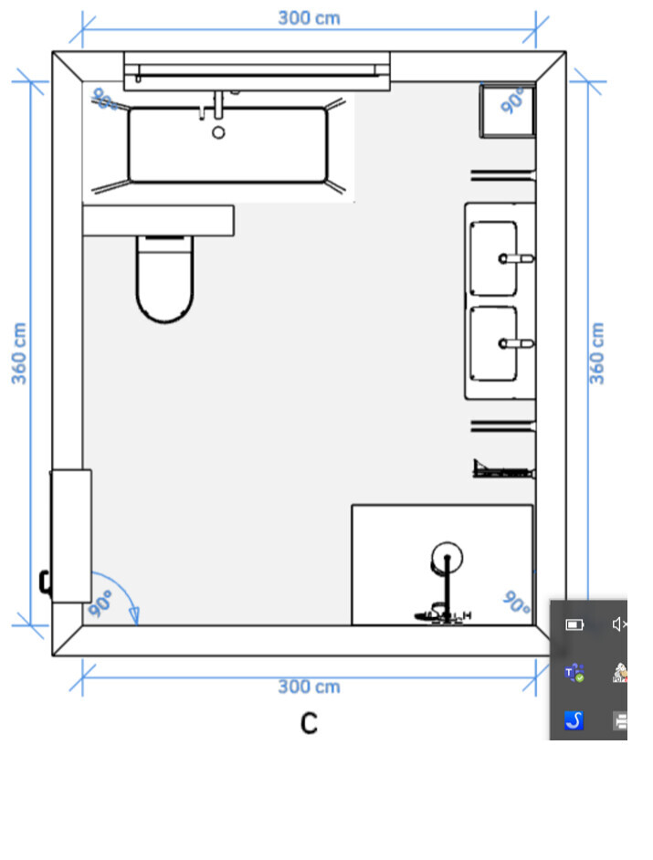 Grundriss eines Badezimmers: Badewanne links, Doppelwaschbecken rechts, Toilette links, Tür rechts.
