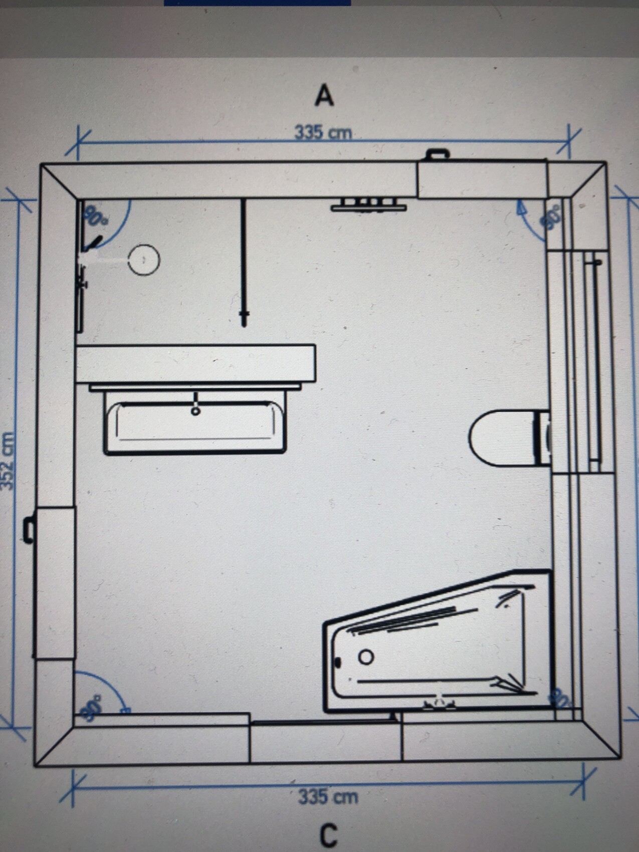 Grundriss eines Badezimmers mit Waschbecken, Badewanne, Dusche und Toilette in quadratischem Raum.