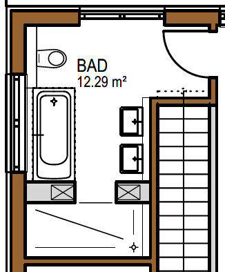 Grundriss eines Badezimmers mit Badewanne, Dusche, Waschbecken und Toilette.