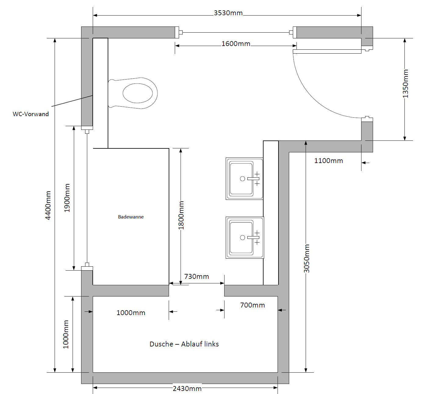 Badezimmer-Grundriss mit Dusche, Badewanne, zwei Waschbecken, Toilette und Tür