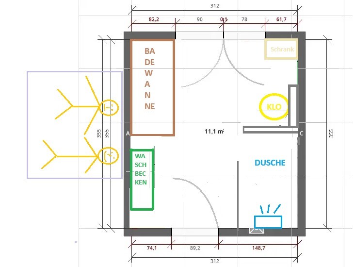 Grundriss eines Badezimmers mit Badewanne, Waschbecken, Dusche, WC, Schrank; Tür öffnet nach innen.