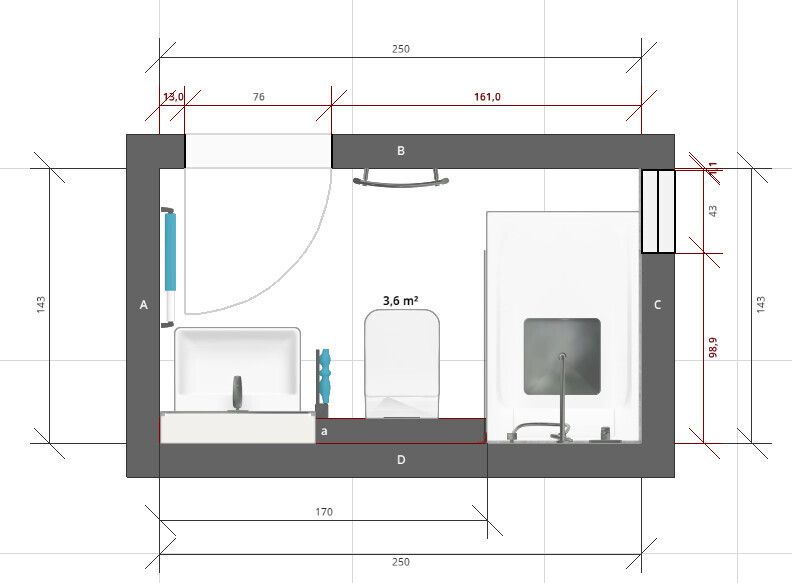 Grundriss eines Badezimmers mit Waschbecken links, Toilette in der Mitte, Dusche rechts.