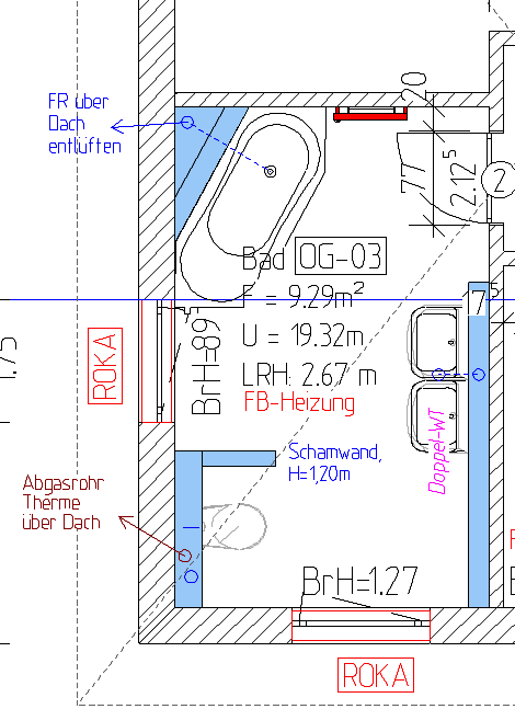 Badezimmer-Grundriss mit Badewanne, Waschbecken und Toilette auf Gebäudeplan