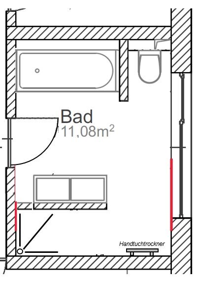 2D-Badgrundriss mit Badewanne, Toilette und Waschbecken, 11,08 m²