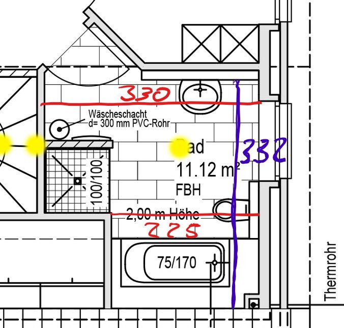 Badgrundriss mit Badewanne, Waschbecken und Wäscheschacht; ca. 11.12 m².