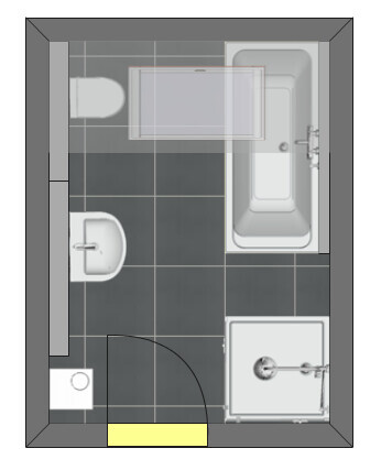 2D Badgrundriss mit Badewanne, Dusche, Toilette und Waschbecken