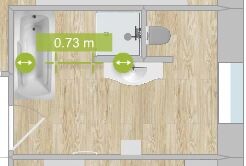 2D Badezimmer Grundriss zeigt Badewanne, Waschbecken, Toilette, Holzboden und Tür