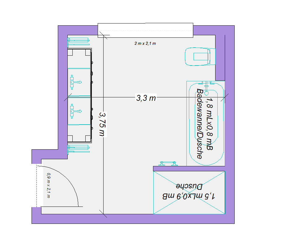 Grundriss eines Badezimmers mit Badewanne, Dusche, Doppelwaschbecken und Tür links.
